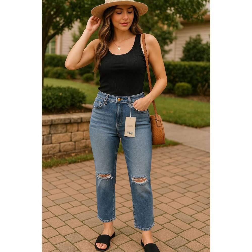 YMI Size 17/30 Womens Distressed Light Wash Straight Leg Jeans NWT - Picture 8 of 12